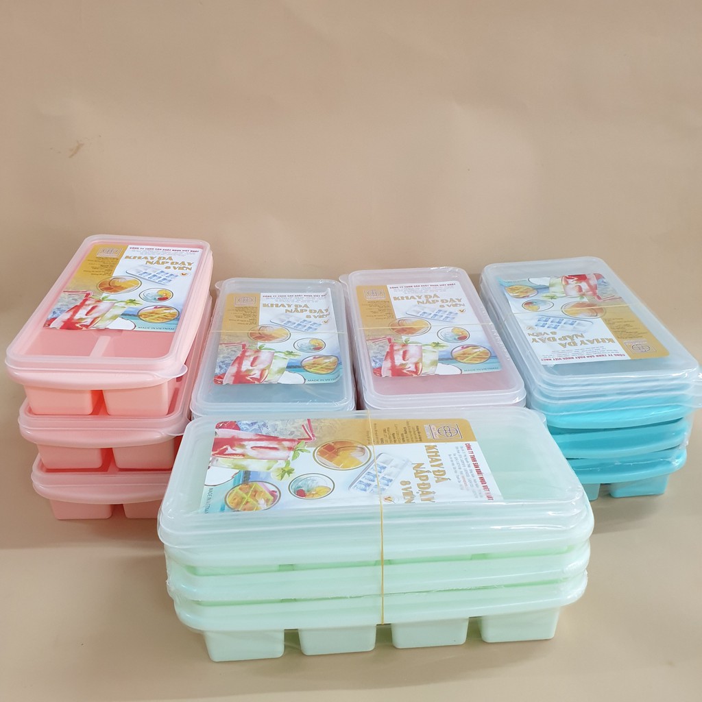 Khay làm đá có nắp chính hãng Việt Nhật, vỉ làm đá loại 8 viên có nắp đạy, chất liệu nhựa dẻo cao cấp