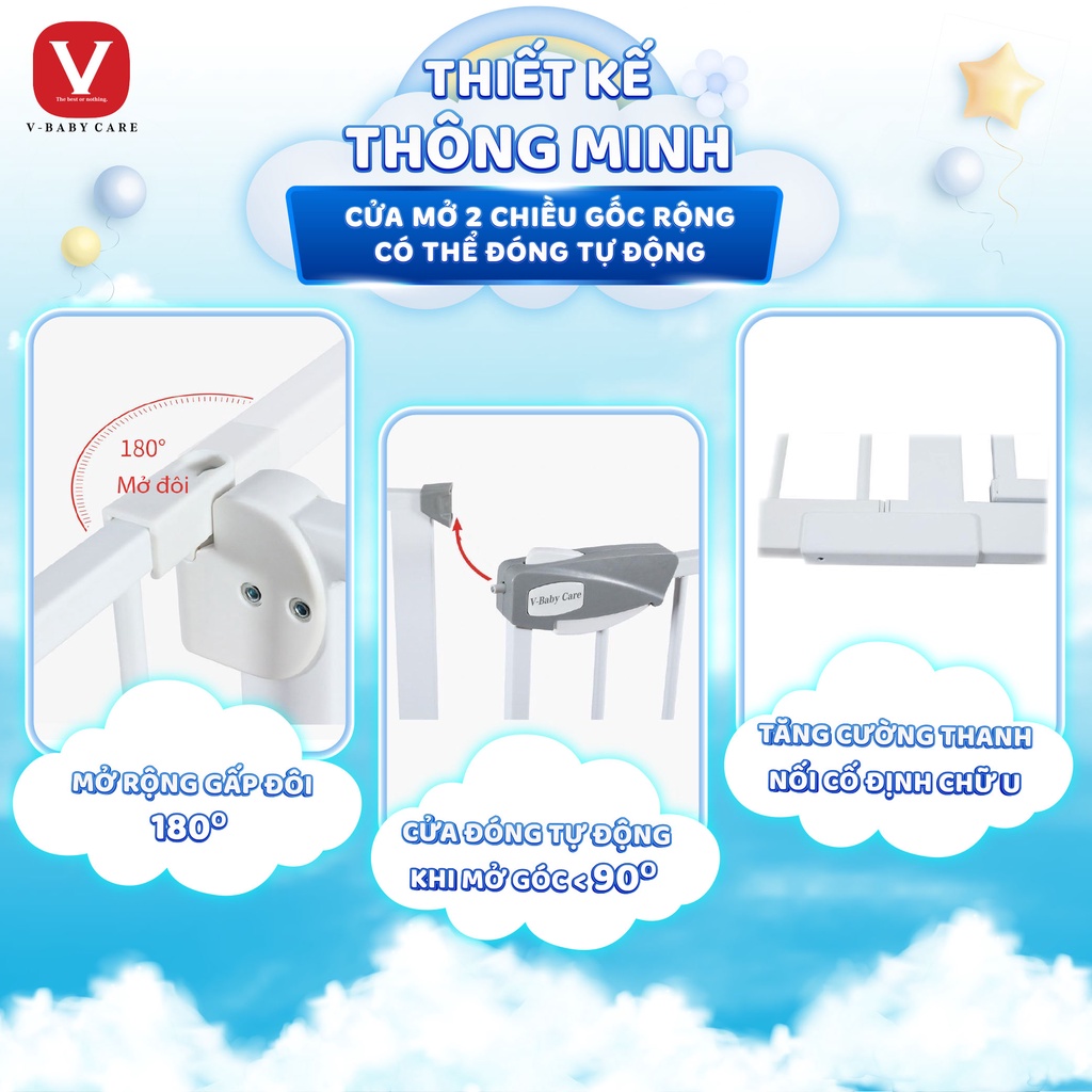 Thanh Chắn Cửa Cầu Thang V-Baby 2022 Không Khoan Tường An Toàn Cho Bé