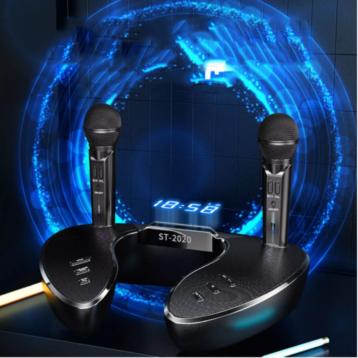 Loa Bluetooth Cao Cấp ST 2021 , Dàn Âm Thanh Karaoke Mini Kèm 2 Đèn Led , Tặng Kèm 2 Micro Không Dây.