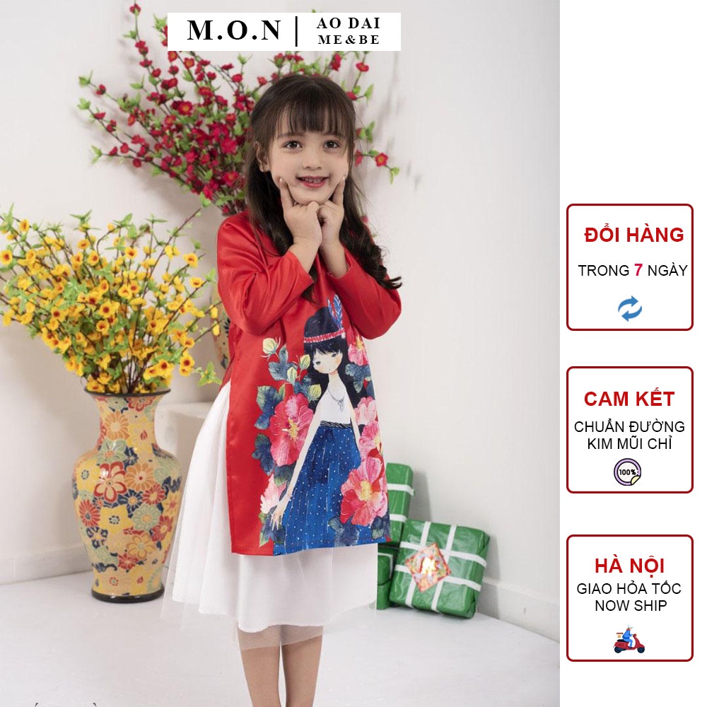 Áo Dài Bé Gái Họa Tiết Công Chúa Vô Cùng Xinh Xắn - Màu Đỏ