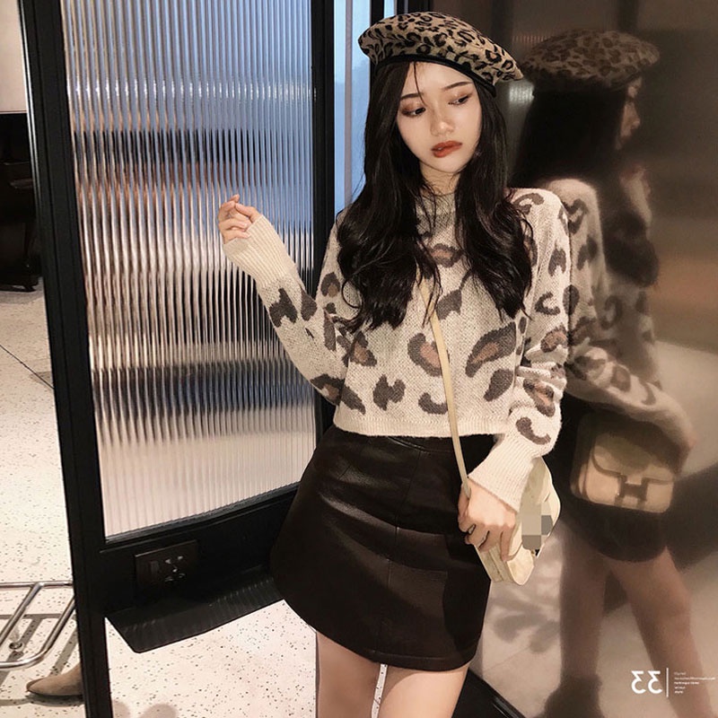 Áo len Sweater Tay Dài Cổ Tròn Hoạ Tiết Da Báo Phong Cách Hàn Quốc Cho Nữ AO029
