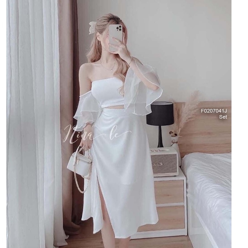 Set áo croptop rớt vai tay bèo tầng pha tơ+ chân váy xẻ đùi có lót dáng dài!