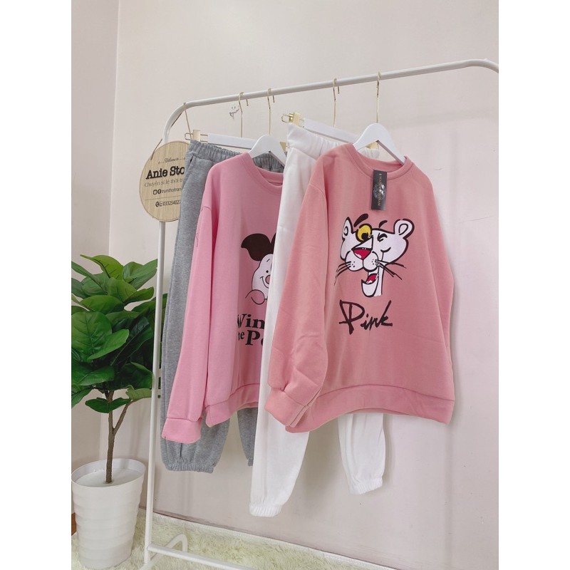 Bộ Nỉ Nữ Báo Heo Hồng Dài Tay 🦋 Set Áo Nỉ Cotton In Hình Kèm Quần Jogger 🦋