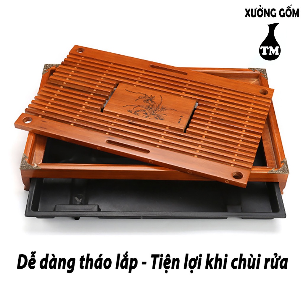 Khay Trà Tre Đựng Ấm Chén Khắc Họa Tiết - Xưởng Gốm TM