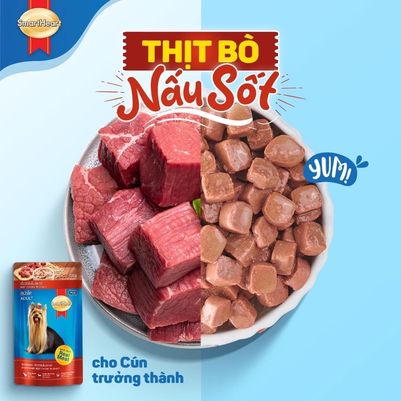 Pate cho chó Pate Smartheart sốt mềm thịt cục cho chó con và chó trưởng thành vị gà/bò/gà gan gói 130gr