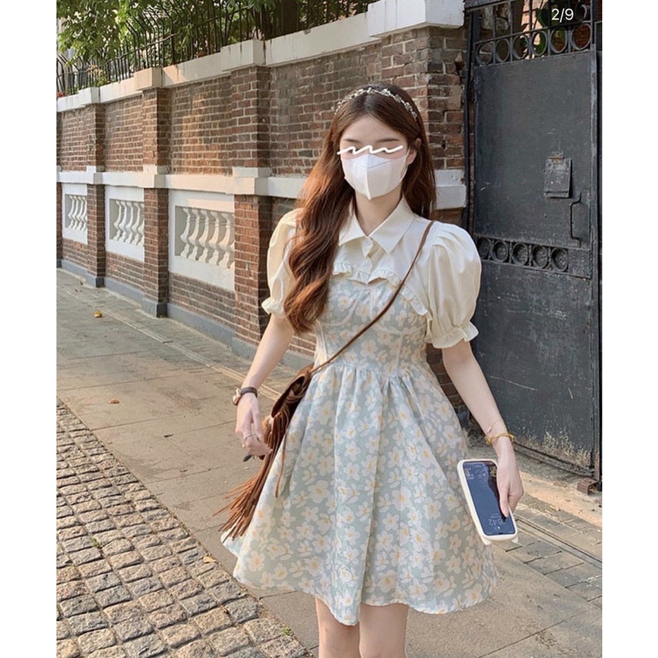 Set đầm 2s hoa xanh kèm áo khoác crop trắng CHIC HOLIC
