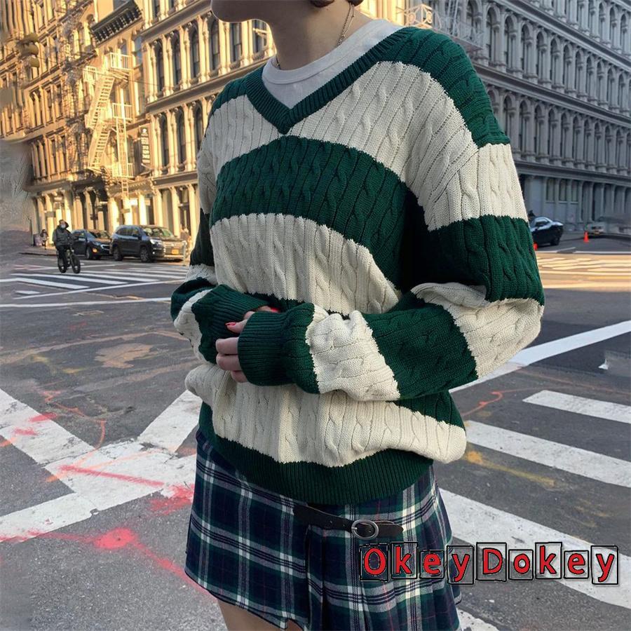 Áo Sweater Dệt Kim Tay Dài Cổ Chữ V Phối Họa Tiết Kẻ Sọc Thời Trang Thu Đông Cho Nữ