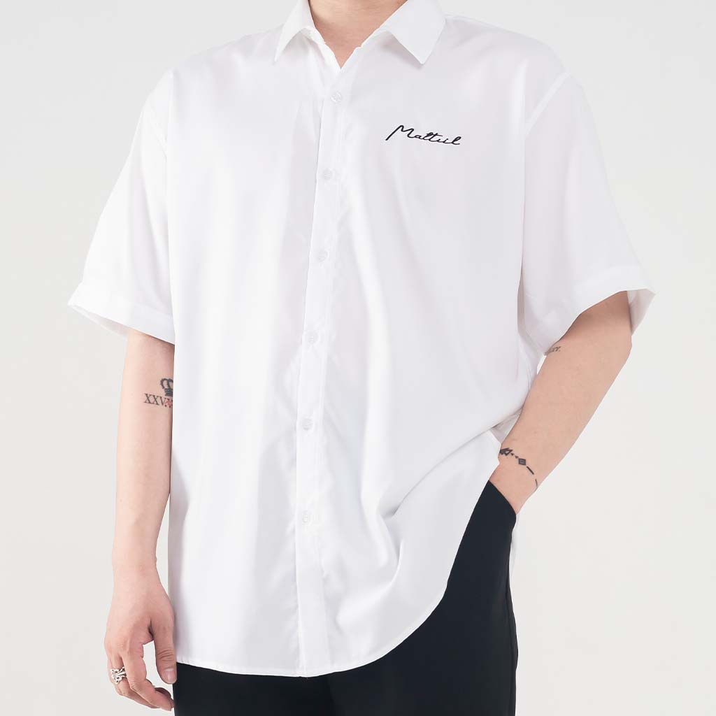 Áo Sơ Mi nam ngắn tay BIGSIZE thêu chữ trước ngực chất liệu kate lụa mềm mại có size lớn đến 130kg- MALTRIK