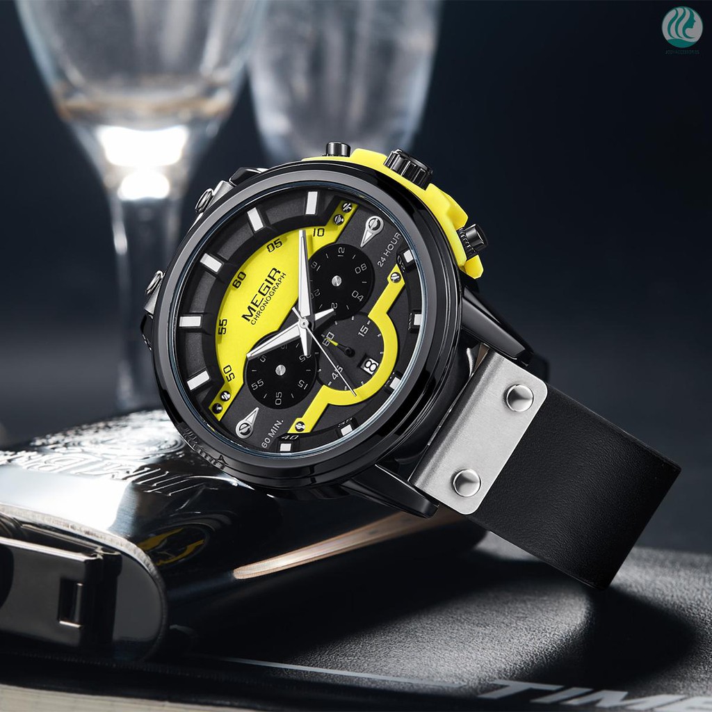 🌱megir 2080 Fashion Quartz Sports Men Watch Multifunctional 3 Dials Chronograph 3ATM Waterproof Luminous Hands Wr