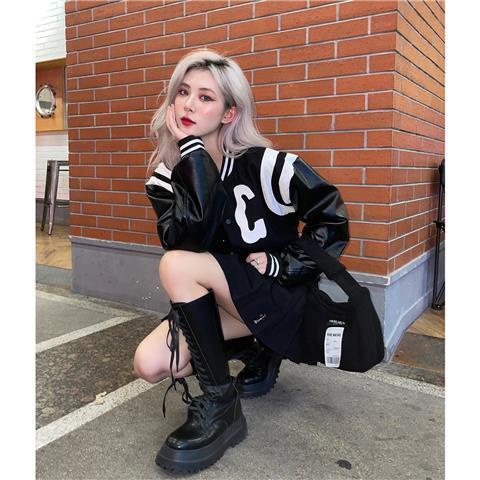 COZOK Áo khoác bóng chày tay dài dáng rộng in chữ