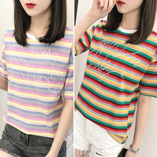 Áo thun ngắn tay họa tiết sọc cầu vồng xinh xắn dành cho nữ