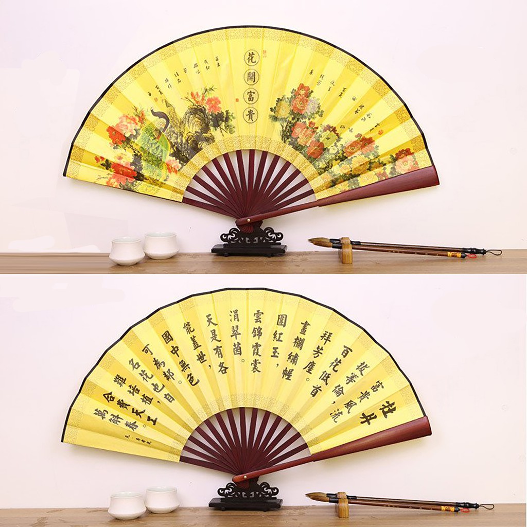 (nhiều mẫu) Quạt xếp nền vàng nan 31cm cổ phong cảnh in họa tiết đẹp phong cách cổ trang cosplay