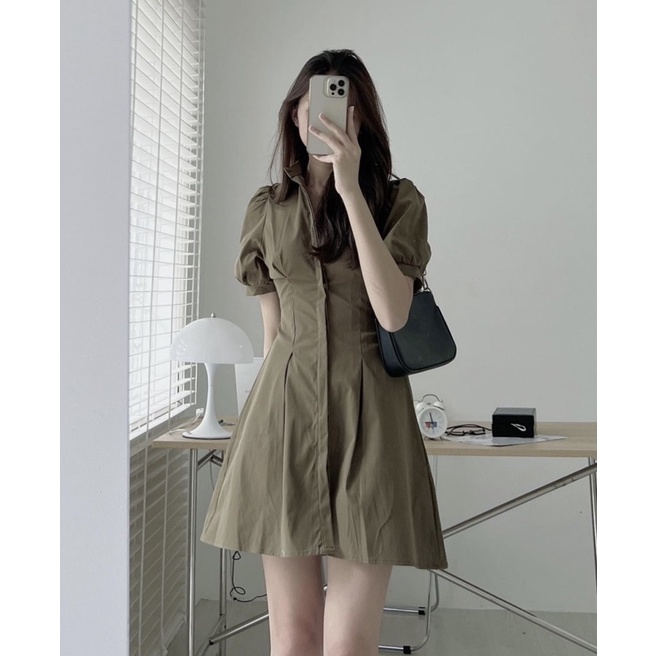 [HÀNG SẴN]VÁY KAKI 2 DA TAY BỒNG CHIẾT EO 1407 siêu xinh