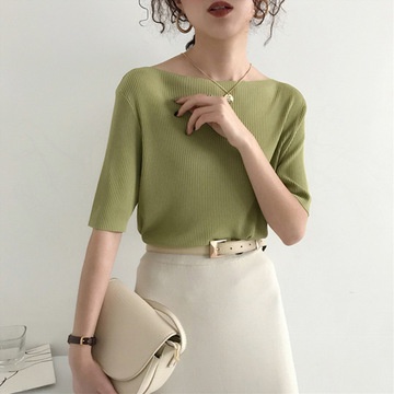 Áo thun lụa lạnh mỏng tay ngắn hở vai cổ ngang phong cách hè thời trang Hàn Quốc  cho nữ