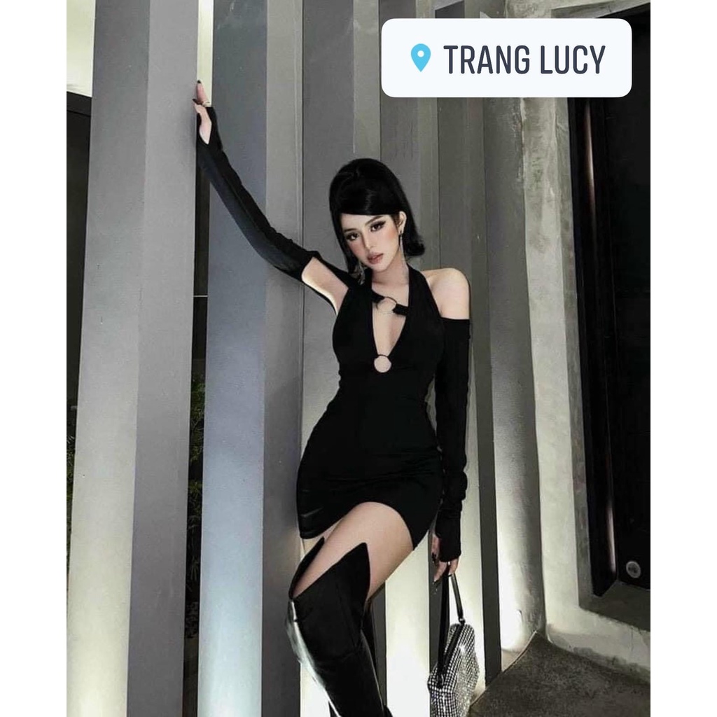 ĐẦM NGẮN ÔM DÁNG CỔ V TAY DÀI MÀU ĐEN