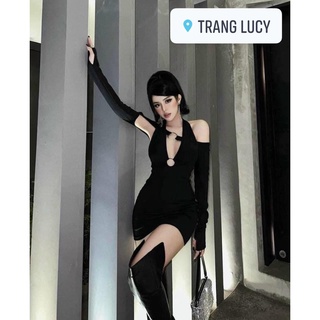 Đầm ngắn ôm dáng cổ v tay dài màu đen