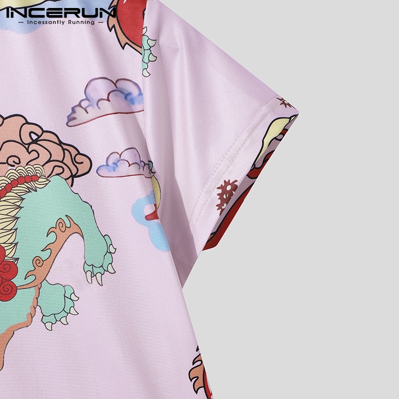 Áo thun INCERUN ngắn tay dáng ôm in họa tiết rồng thời trang cho nam