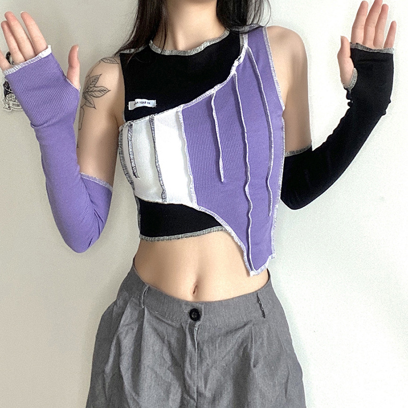 DUNEA Áo croptop cổ tròn phối màu tương phản sành điệu cho nữ