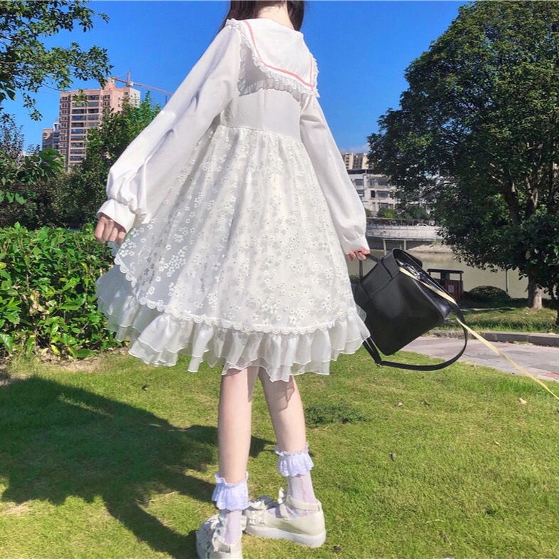 Đầm Công Chúa Dáng Rộng Phối Lưới Màu Trắng Phong Cách lolita Nhật Bản váy babydoll