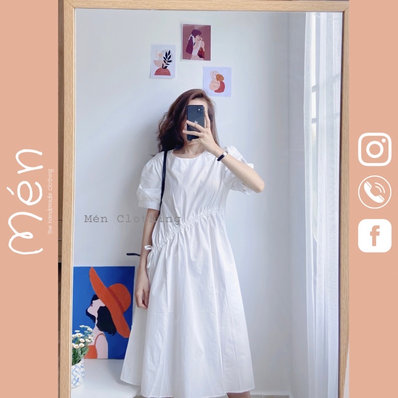Đầm suông form rộng nhún eo màu trắng cho nữ