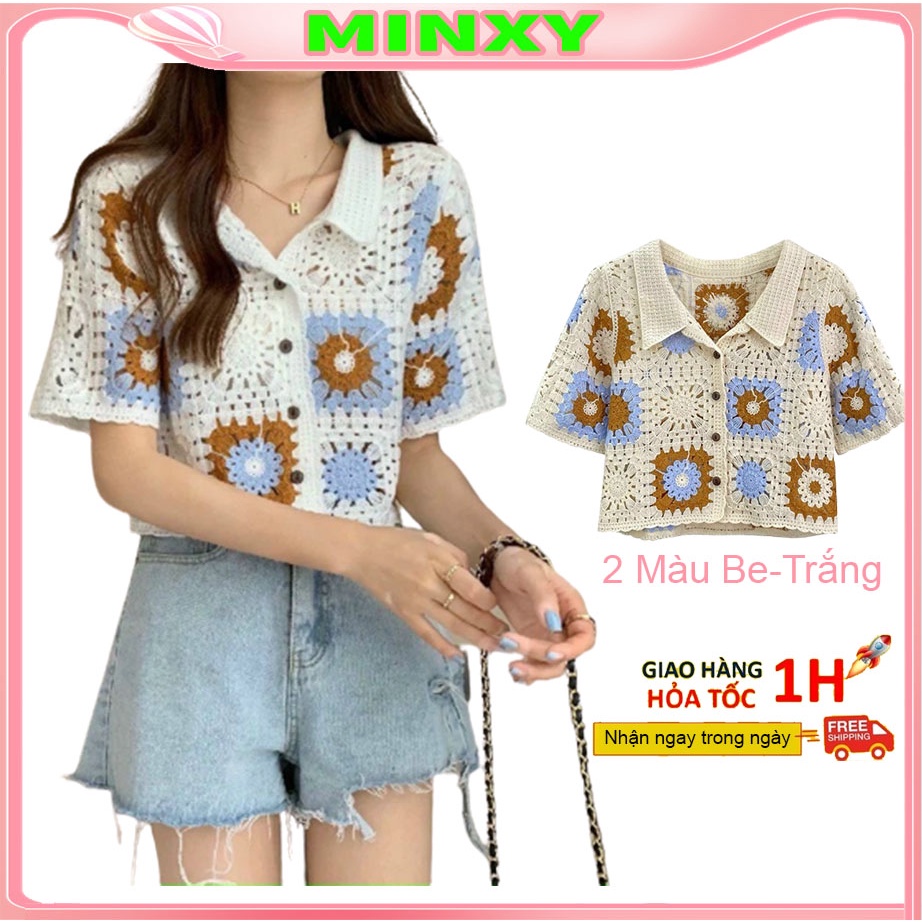 Áo hoa ren cổ bẻ, polo len thêu hoa hàng Quảng Châu-Minxy shop