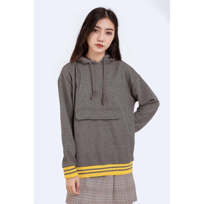 Áo Hoodie Nữ BOO Dáng Basic Nỉ Da Cá Màu Xám Phối Túi Giả