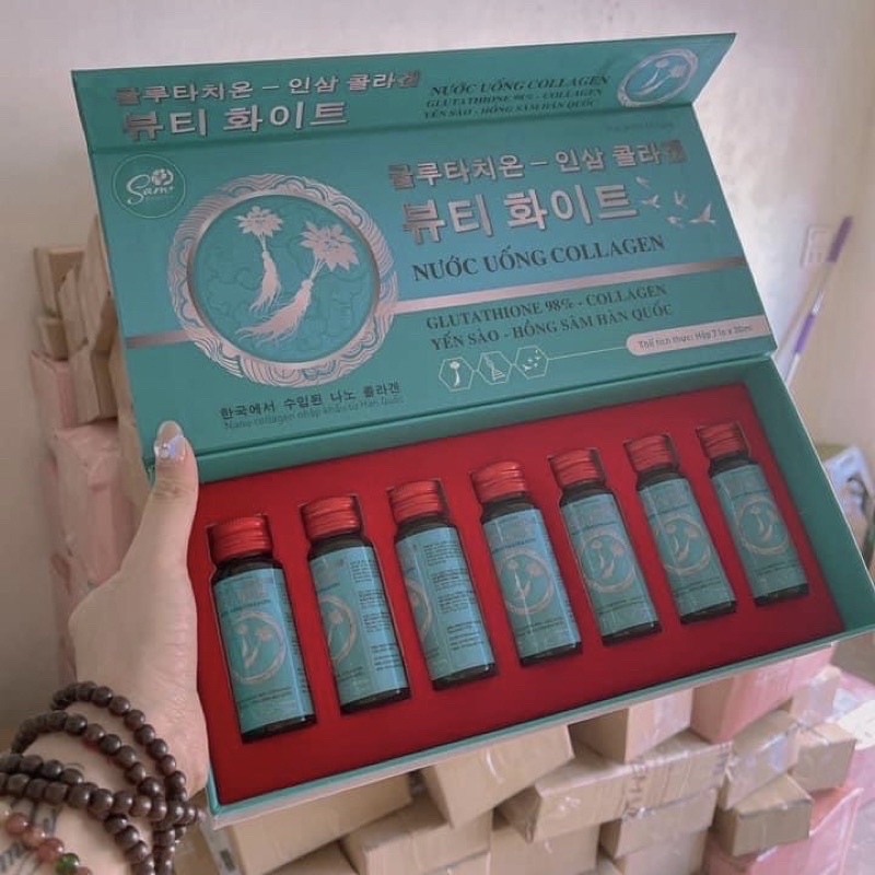Nước Uống Trắng da Collagen Gluthatione yến sào hồng sâm hộp 7 chai