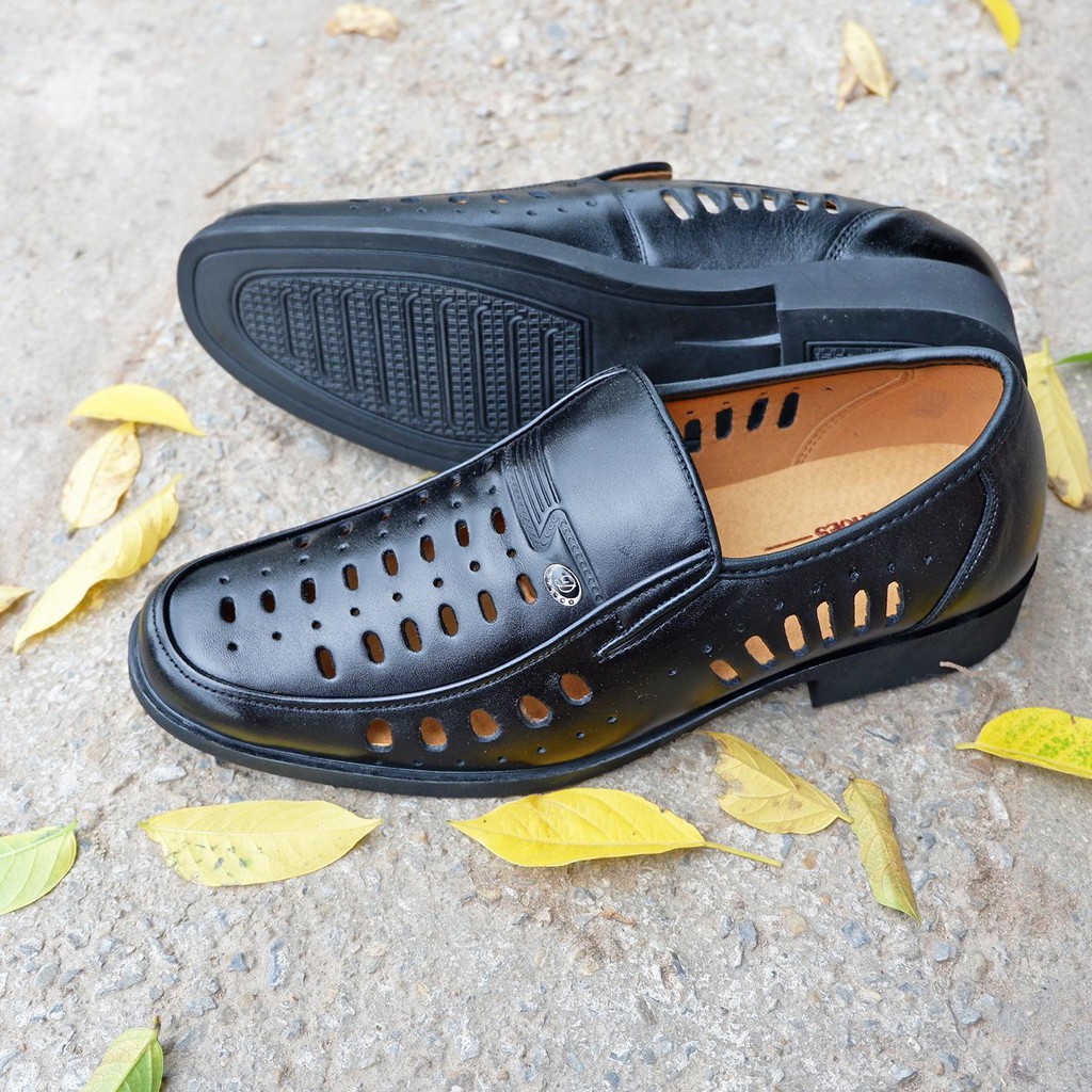 HCM-G4210 VNXK Giày da thật đục lỗ MÀU ĐEN- kiểu Giày lười công sở đứng đắn cho nam-  Dép rọ chống hôi chân