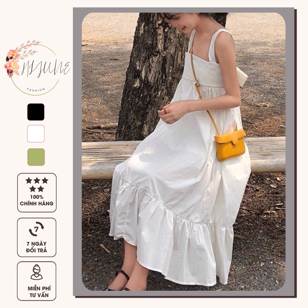 Váy babydoll maxi hai dây bản lớn dáng xòe đi biển hở lưng Đầm maxi trắng dài thắt nơ sẵn HIJUNE VD08