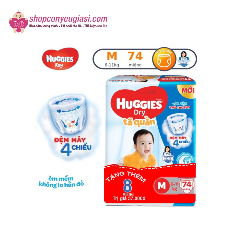 [Mẫu mới, tặng thêm 8 miếng] Tã quần Huggies Dry Super Jumbo M74/L68/XL62/XXL56