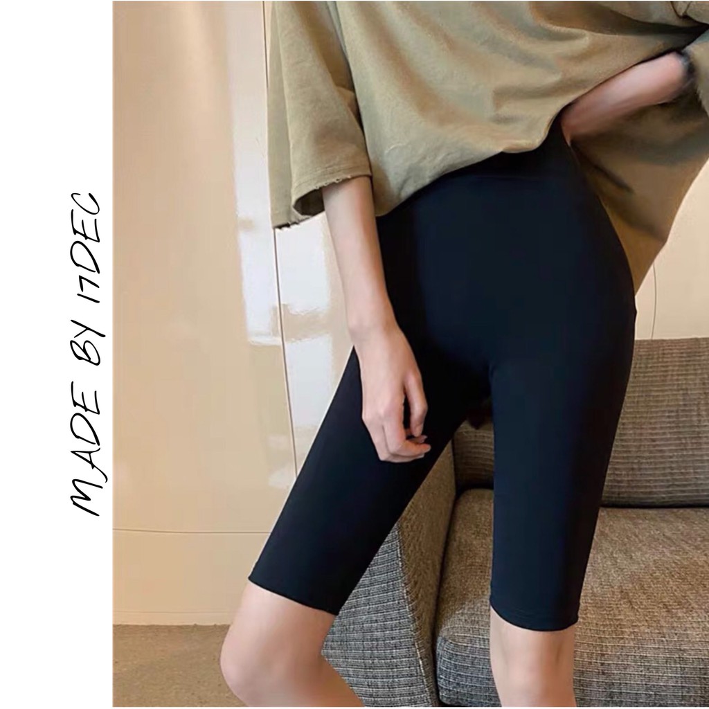 Quần legging lửng 17DEC, quần thun cotton ngố đùi nữ dáng ôm cạp cao màu đen