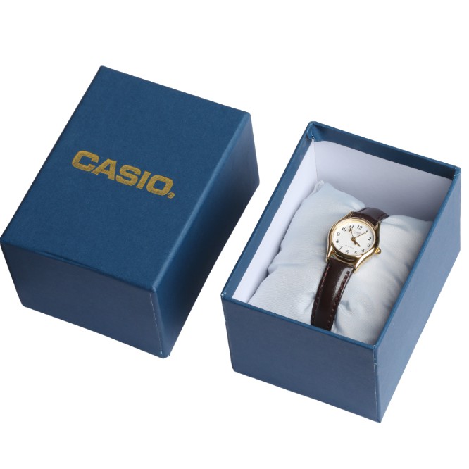 [Mã FARSBRT52 giảm 20% đơn từ 249K] Đồng hồ nữ Casio LTP-1094Q-7B4RDF Dây da nâu trơn - Mặt trắng viền vàng- chống nước