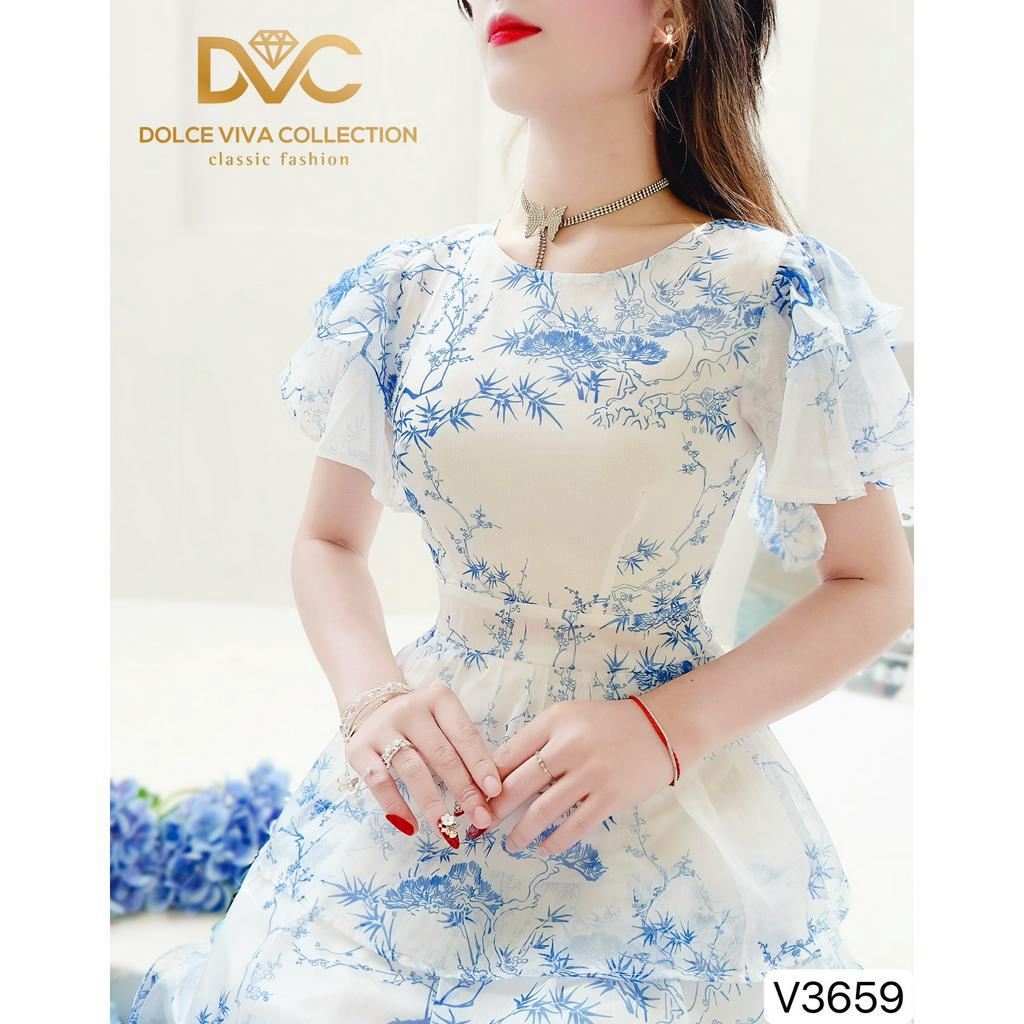 VÁY VOAN TẦNG HỌA TIẾT CÂY LÁ XANH TIỂU THƯ V3659 - DVC