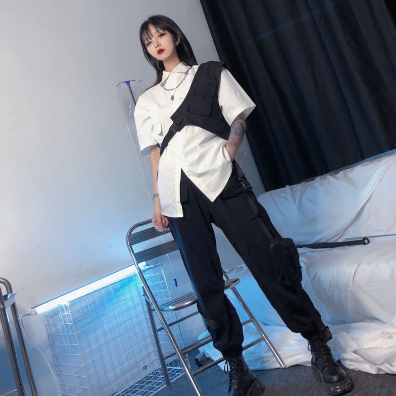 Áo sơ mi trắng tay ngắn/ Áo khoác ngoài màu đen thiết kế cá tính cho nữ | BigBuy360 - bigbuy360.vn