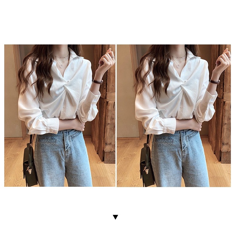 Áo Chiffon Nữ Tay Dài Dáng Rộng Màu Trắng Phong Cách Hàn Quốc