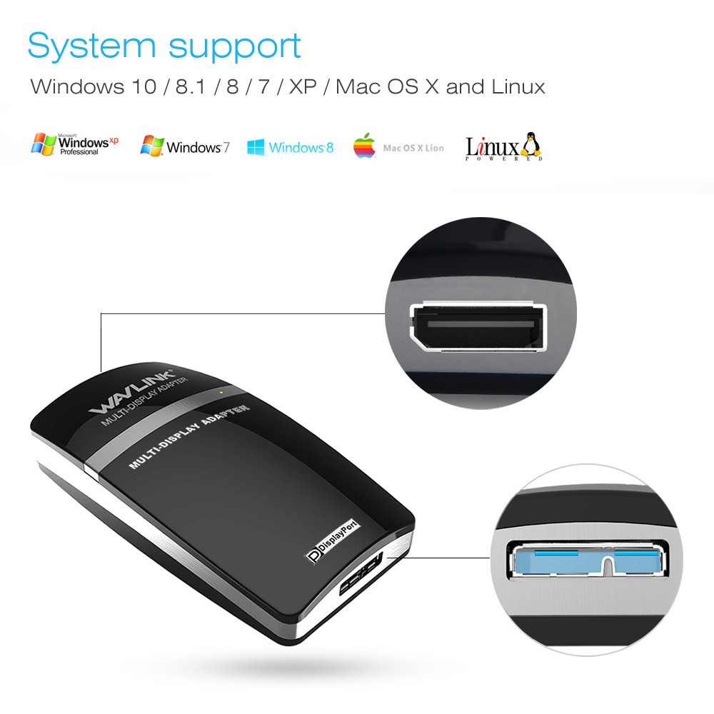 Bộ chuyển đổi USB (3.0) -&gt; Displayport Wavlink WS UG 5501DP dây dính liền, 35DP5 dây rời