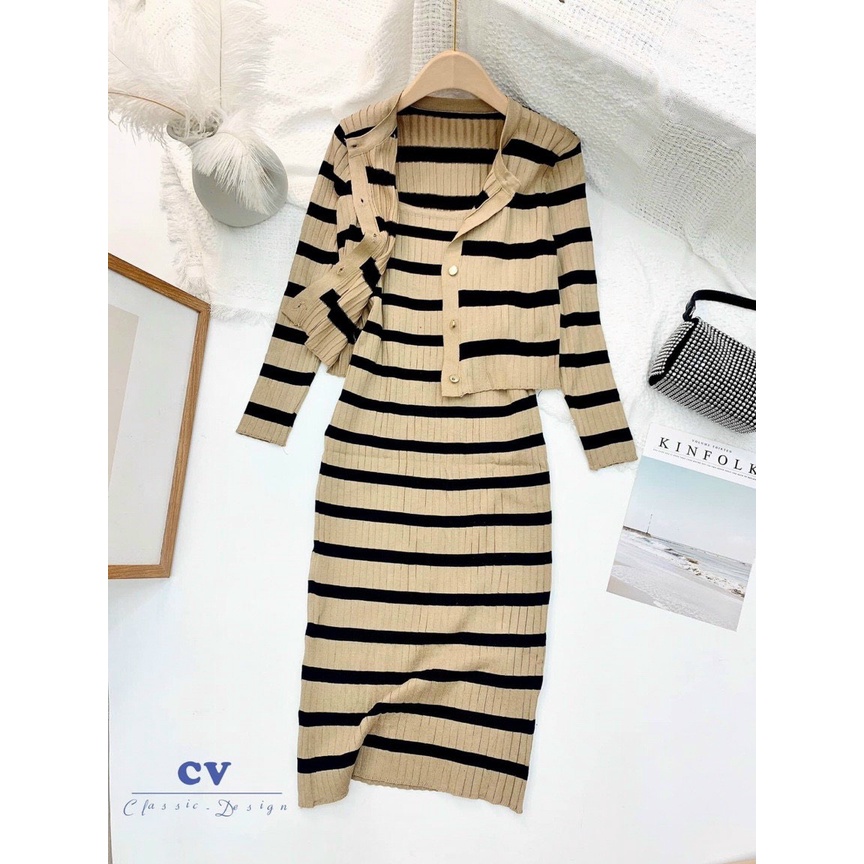 SALE Váy Len Tăm Kẻ Body Thu Đông