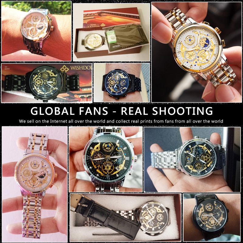 WISHDOIT Đồng hồ nam gốc Chống Nước Kinh Doanh Quartz Ba Mắt Đa Năng Dây Thép Không Gỉ Vàng/Bạc/Đen Thời Trang Thể Thao Cho Nam mặt Trời/Sao/Mặt trăng