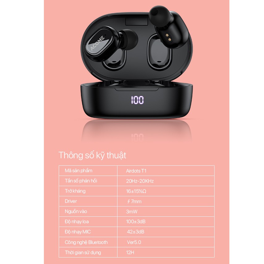 Tai Nghe Không Dây ACOME Airdots T1 Bluetooth 5.0 Màn Hình LED Play Time Lên Đến 12h Hàng Chính Hãng Bảo Hành 12 Tháng