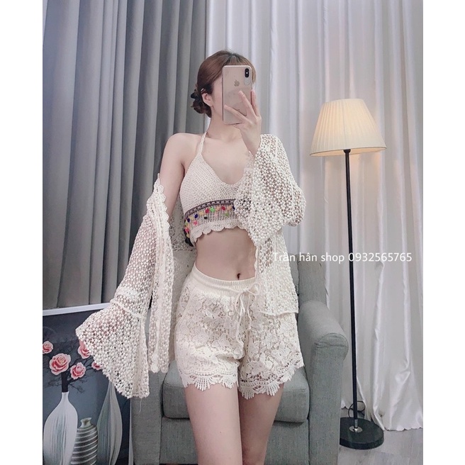 set biển 3 món : bra ngọc + quần ren hoa cạp rút + choàng ren gạo tay loe (có tách rời)