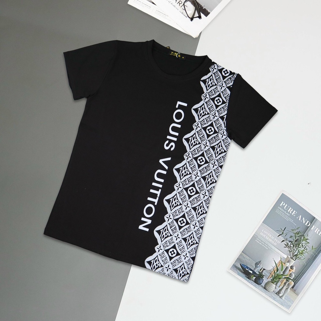 Áo thun nam ngắn tay cổ tròn đen in chữ hiệu sang trọng vảo cotton co giãn mềm mịn mặc mát form vừa VBSHOP001