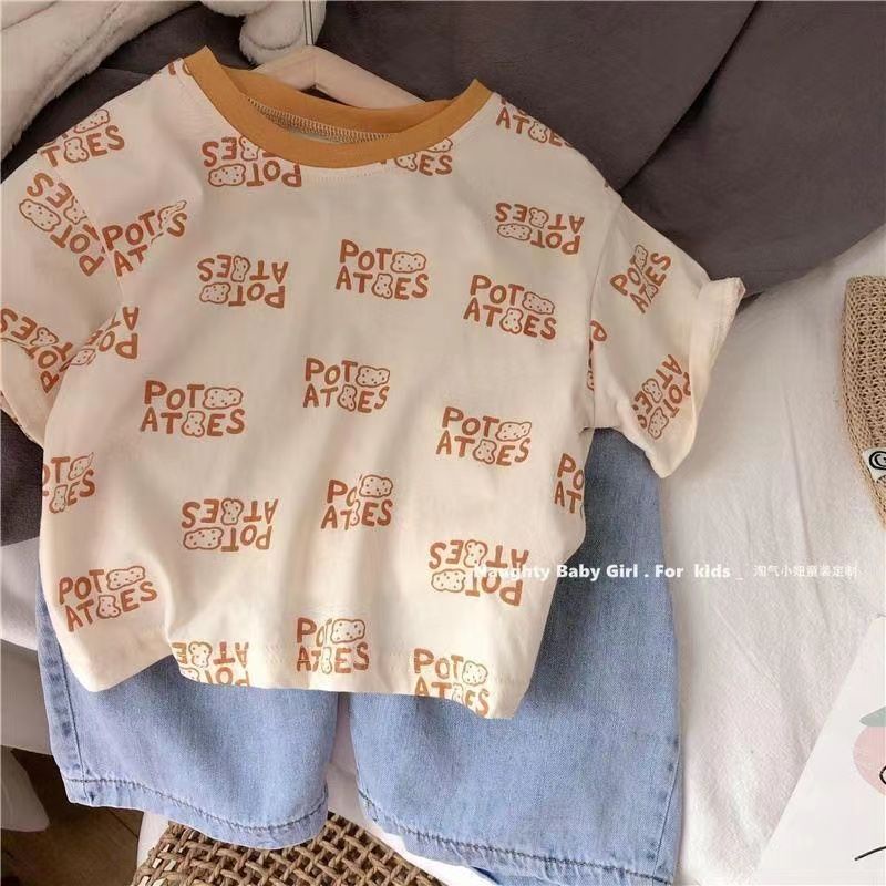 Áo Thun Cotton Tay Cộc In Chữ Hoạt Hình Phong Cách Nhật Hàn Dành Cho Bé Trai Gái 2022