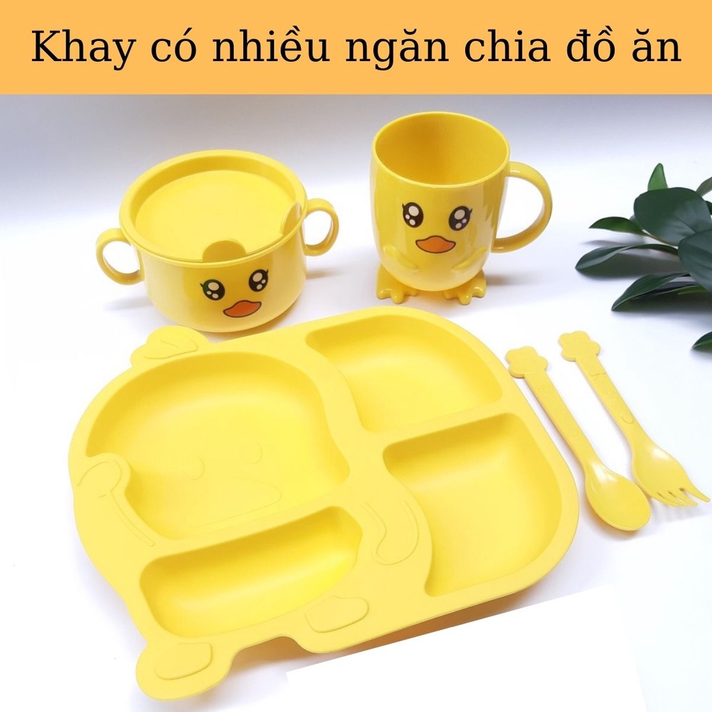 Bộ Khay Bát ăn dặm cho bé gồm 5 món Khay chia ngăn,bát,cốc,thìa,dĩa hình vịt con ngộ nghĩnh