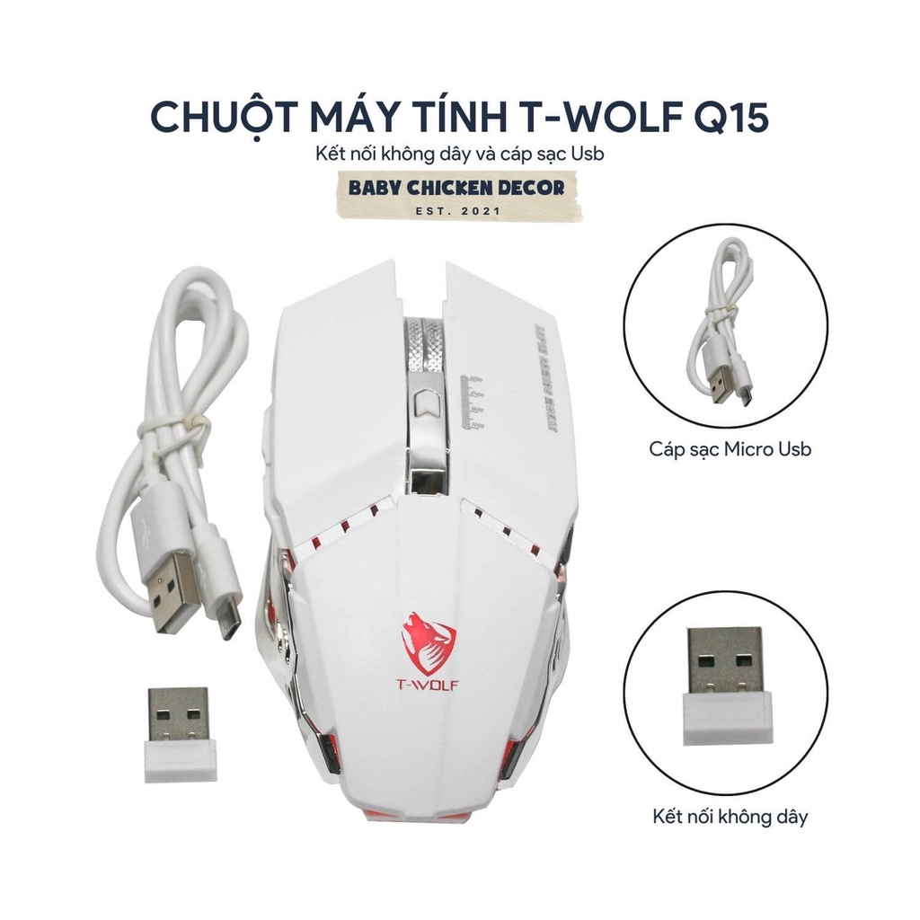 Chuột gaming không dây, chuột không dây chống ồn led RGB T-Wolf Q15 wireless chuyên game - BABY CHICKEN DECOR