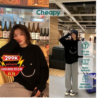 Set bộ đồ nỉ bông mặt cười Cheapy màu đen ghi dài tay form rộng freesize áo sweater cổ tròn mix quần jogger bo gấu C487