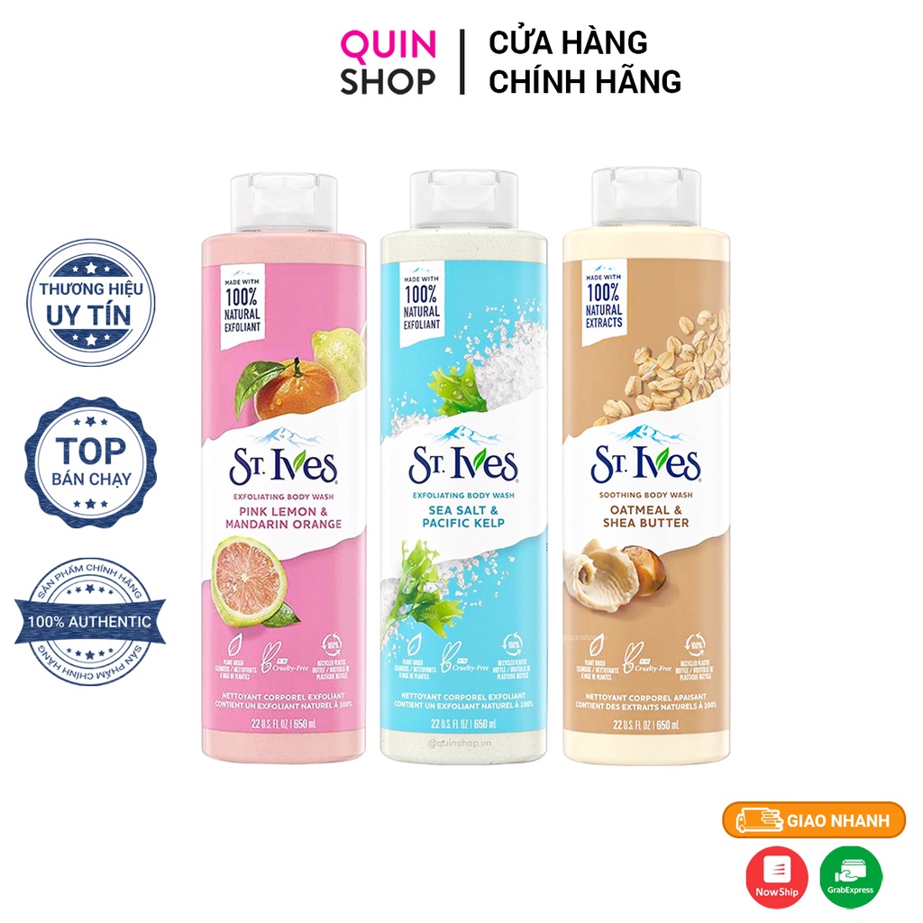 Sữa Tắm Dưỡng Ẩm, Tẩy Tế Bào Chết, Giảm Mụn, Mờ Thâm St.Ives Oatmeal & Shea Butter, Pink Lemon, Sea Salt Body Wash
