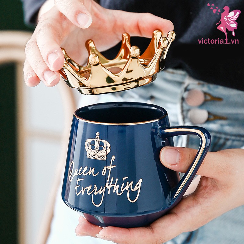 Queen of Everything Mug With Crown Lid and Spoon Ceramic Coffee Cup Gift for Girlfriend Wife