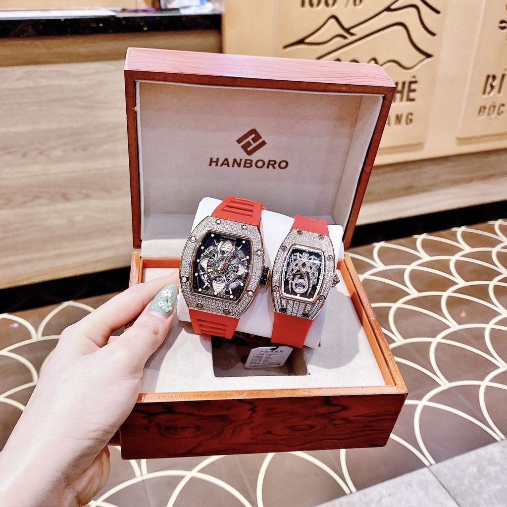 Đồng Hồ Nam Nữ Hanboro Nam Máy Automatic, Nữ Máy Pin , Dây Cao Su Màu Đỏ , Size 36mm/48mm fullbox