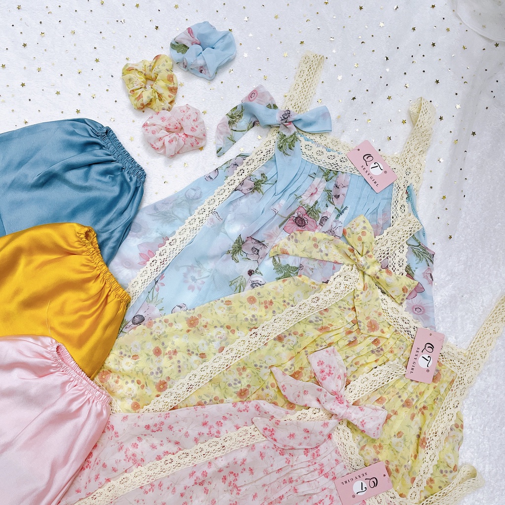 Đồ ngủ 2 dây sexy, đồ ngủ sexy chất chiffon phối satin mềm mịn mặc ngủ thoải mái Freesize - Linqu Sleepwear