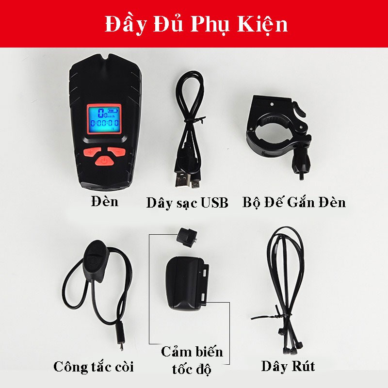 Đèn Pin Xe Đạp Có Còi Kèm Đồng Hồ Đo Tốc Độ Cao Cấp Siêu Sáng - Chống Nước Tuyệt Đối, Tích Hợp Sạc USB